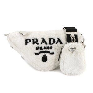 PRADA Triangle Shoulder Bag Pile fabric White 1BH190 Purse